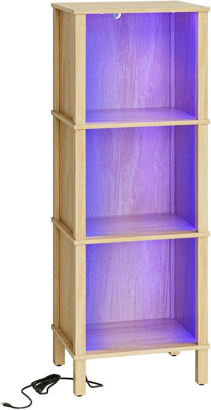 Bookshelf with LED Lights, Modern 3-Tier Bookcase, Open Storage Book Shelf, 11 × 14.2 × 38.9 Inches, Small Narrow Bookshelves for Living Room, Home Office, Bedroom, Natural