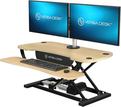 VERSADESK PowerPro 48 Inch Electric Standing Desk Converter – Push-Button Height Adjustable Sit to Stand Desk Riser for Multiple Monitors – Motorized Desktop Workstation with Wide Keyboard Tray