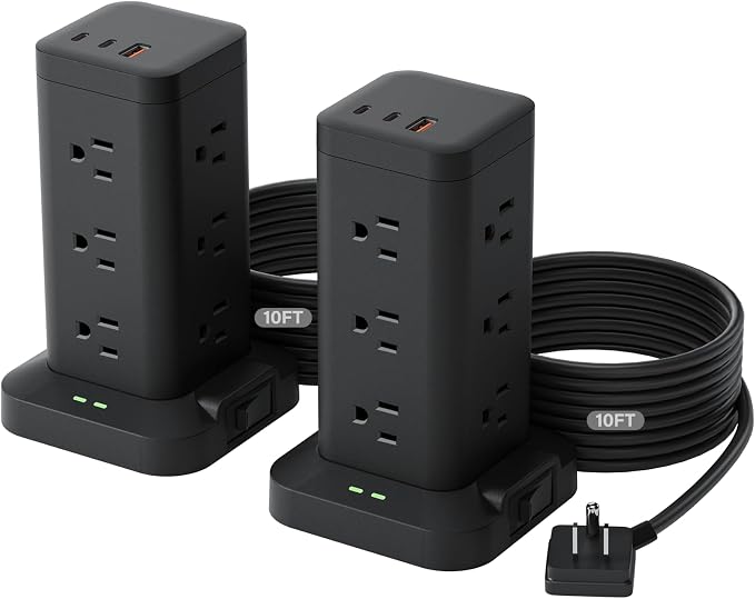 2Pack Power Strip Tower with Surge Protector 1800J, Fast Charging Tower PD20W USB-C Ports with 12 AC Outlets, 10ft Extension Cord for Home Office Dorm Room, Black