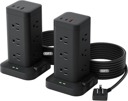 2Pack Power Strip Tower with Surge Protector 1800J, Fast Charging Tower PD20W USB-C Ports with 12 AC Outlets, 10ft Extension Cord for Home Office Dorm Room, Black