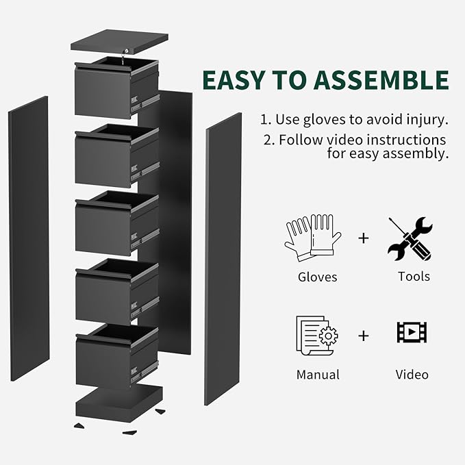 4 Drawer File Cabinet with Lock, Metal Vertical File Cabinets for Home Office, Office Furniture for Organization Hanging Legal/Letter/A4, Office File Cabinet Storage Cabinet, Require Assembly, Black