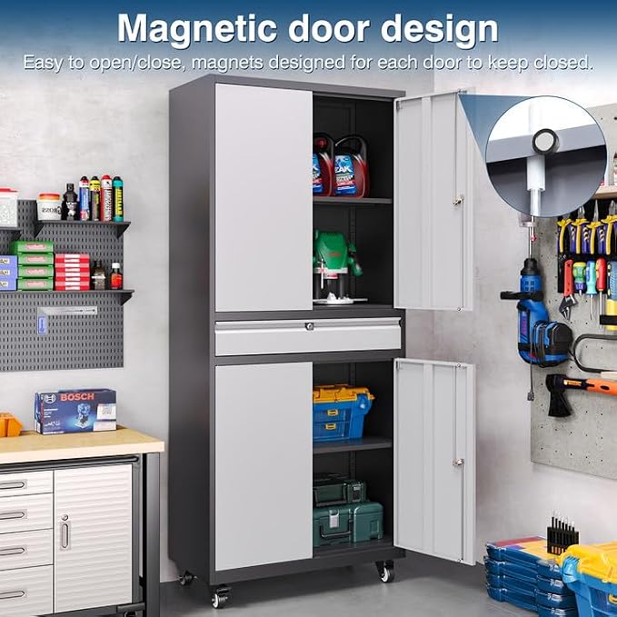 Metal Storage Cabinet with Wheels, 73" Tall Garage Rolling Storage Cabinets with Doors and Shelves, Lockable Tool Caninet Steel Locking Cabnets for Home Office, Garage, Pantry