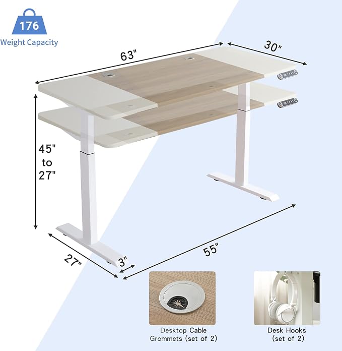 Height Adjustable Electric Standing Desk, 63x30 Height Stand Up Computer Desk,Sit and Stand Home Office Desk with Splice Board (White+Oak Top, White Frame)
