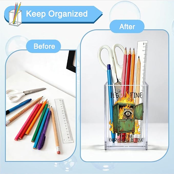 WHETHER It's Fine Raccoon Acrylic Organizer Pencil Pen Holder, Cute Raccoon Makeup Brush Storage, Office Humor Desk Accessories for Women Teacher Principal Student Colleague Boss