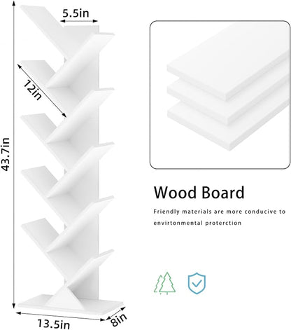SHEEPAM 10 Tier Tree Book Shelf, Floor Standing Wood Bookshelf for Narrow Space, Storage Organizer Bookshelves for Books/CDs/Magazine, Bookcase with Shelves for Home Office, Living Room - White