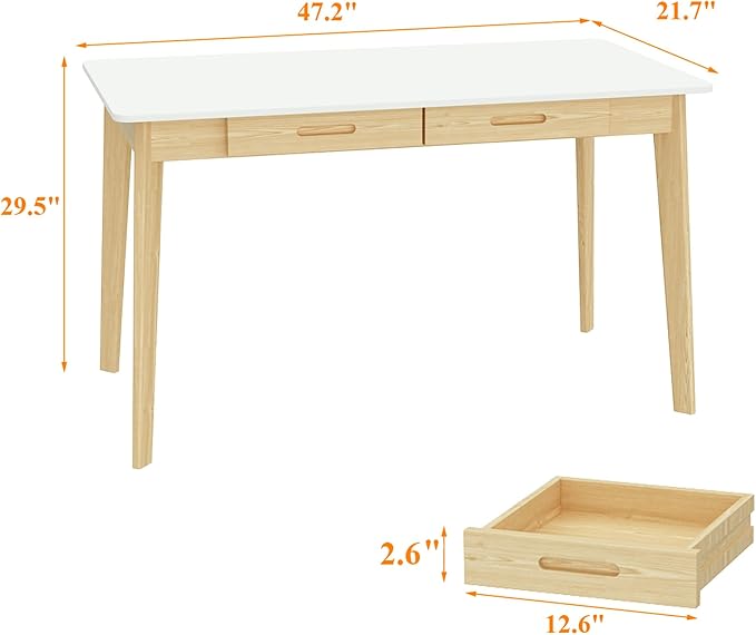 Timechee 47 Inch Compact Computer Gaming Desk, White Study Work Office Desk with 2 Storage Drawers, Rectangular Study Reading Table, Simple Computer Writing Table for Home Office, Living Room
