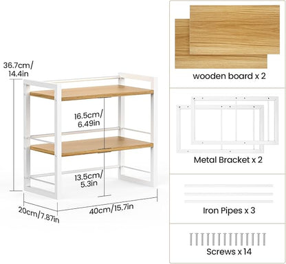 Office Desk Shelf Organizer, Wood Desktop Bookshelf Supplies Storage Rack, Shelf for Top of Desk and Dresser (White-2 Tier)