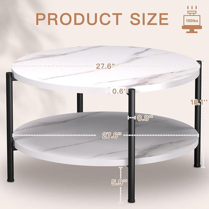 FAMIDGE Round Coffee Table, 27.6" Circle Coffee Table for Living Room, 2-Tier Wood Accent Center Table with Open Storage Industrial Design Home Furniture, White