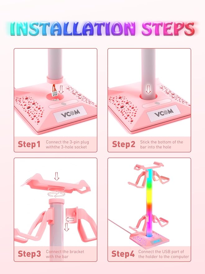 VCOM RGB Gaming Headphones Stand with 2 USB Ports, Pink Headset Stand with 10 Light Modes and Non-Slip Rubber, Suitable for PC Desk Accessories Gamers Gift(Pink)