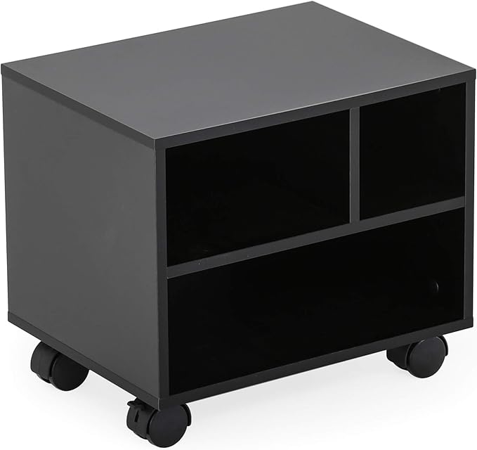 FITUEYES Mobile Printer Stand with Storage, Under Desk Black Wood Small Rolling Printer Table Work Cart with Wheels and 3 Compartment Organizer Spaces for Home Office, 15.7 x 11.8 x 13.8