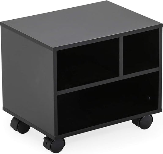 FITUEYES Mobile Printer Stand with Storage, Under Desk Black Wood Small Rolling Printer Table Work Cart with Wheels and 3 Compartment Organizer Spaces for Home Office, 15.7 x 11.8 x 13.8