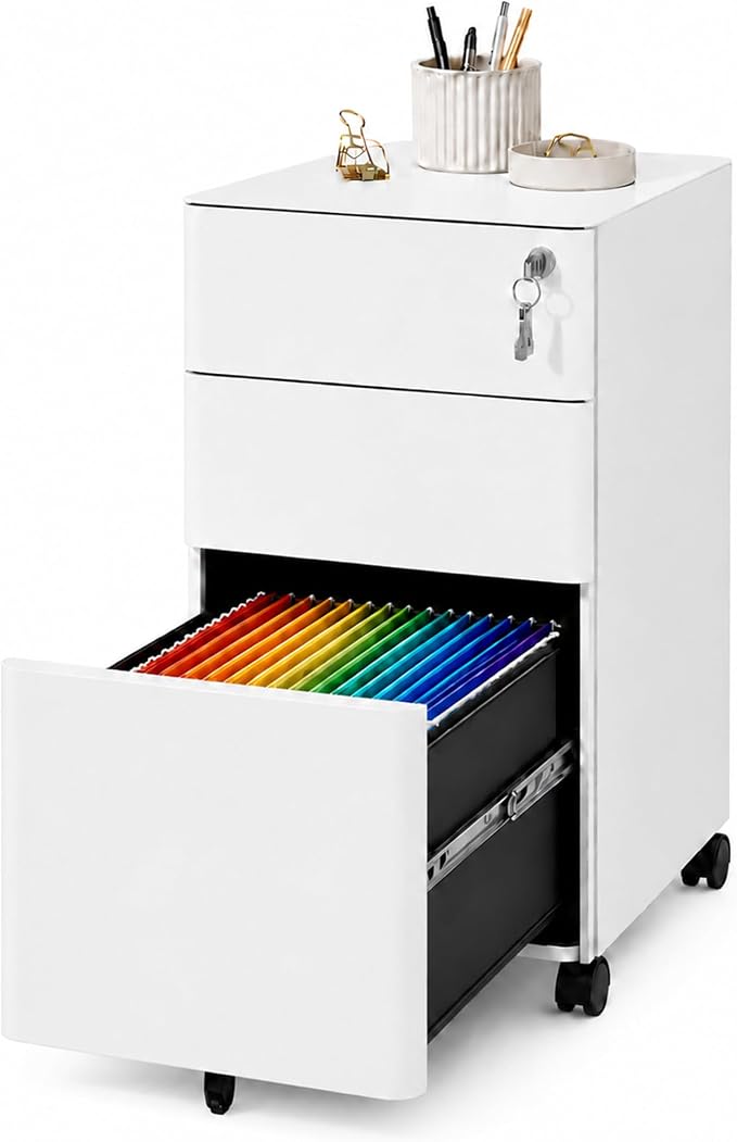 SAWJEC 3 Drawer File Cabinet with Lock, 11.8" W Fully Assembled Rolling Printer Stand Under Desk, White Filing Cabinet for Legal/Letter/A4 Size, Home Office, 17.7" D x 11.8" W x 24.0" H