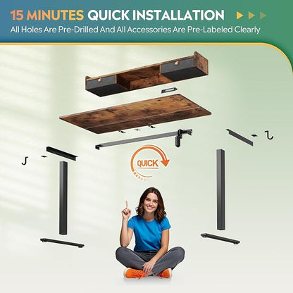 DEVAISE 48 Inch Electric Standing Desk with Shelf, 3 Adjustable Computer Desk for Home Office, with LED Touchscreen，Headphone Hook, 3 Memory Preset, with One-Piece Desktop, Rustic Brown