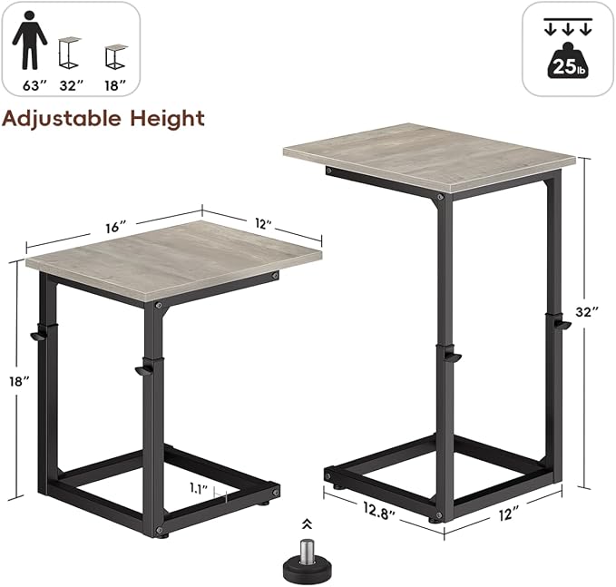 Vagusicc C-Shaped End Table, 33" Tall C Table Adjustable Height Side Table, Small Couch Table with Metal Frame, Slide Under Sofa TV Tray for Living Room, Bedroom, Bedside, Small Spaces, Gray