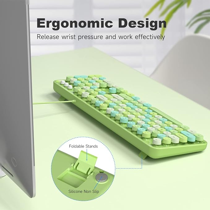 MOWUX Computer Keyboard Wired, Plug and Play USB Retro Round Typewriter Keyboard, Full Size Wired Keyboard with Foldable Stands for Laptop and Office PC- Green Colorful