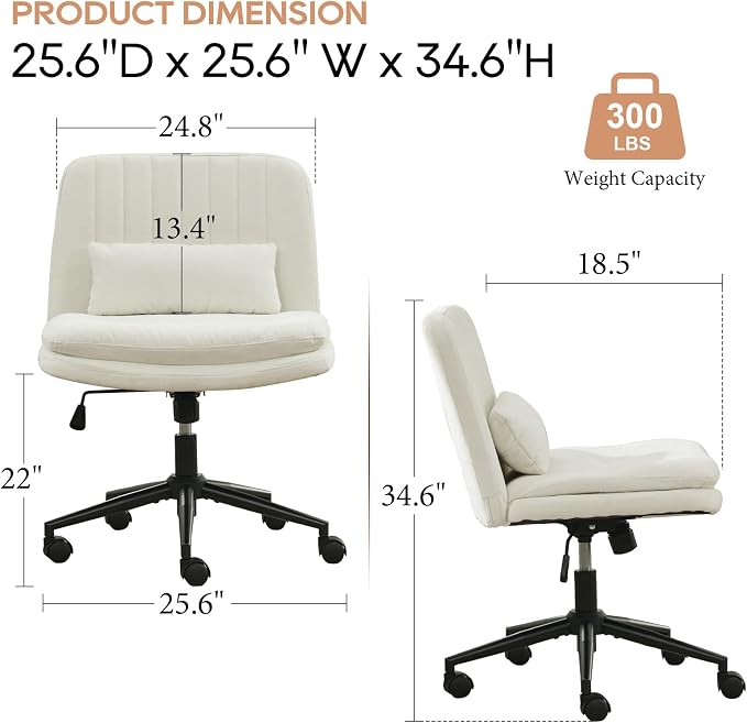 IPKIG Criss Cross Chair, Small Armless Desk Office Computer Chair with Wheels and Lumbar Pillow, Comfy Adjustable Swivel Task Vanity Chair Chenille, White
