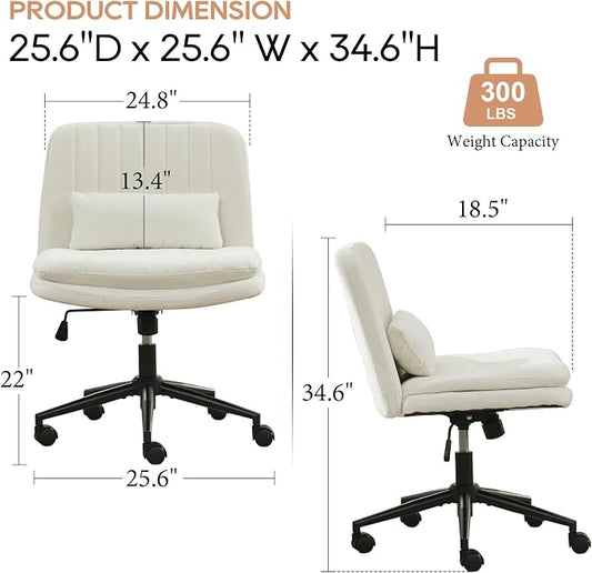 IPKIG Criss Cross Chair, Small Armless Desk Office Computer Chair with Wheels and Lumbar Pillow, Comfy Adjustable Swivel Task Vanity Chair Chenille, White