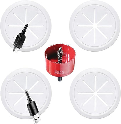 4 Pack TV Wire Hider for Wall, 1.97 Inch (50mm Hole) Cord Hider in Wall Cable Management Kit, Includes 4 Pass Throughs and 1 Hole Saw Drill Attachment Easy to Install