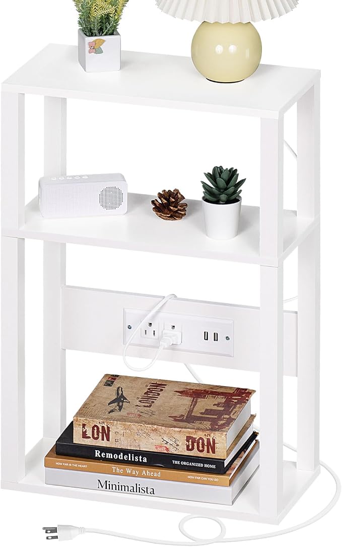 YUFAM 3-Tier Small Narrow Wood Side Table Set of 2 with Charging Station - Skinny Nightstand for Small Spaces, Slim Bedside Table with USB Ports and Outlets - Thin End Table with Storage, White