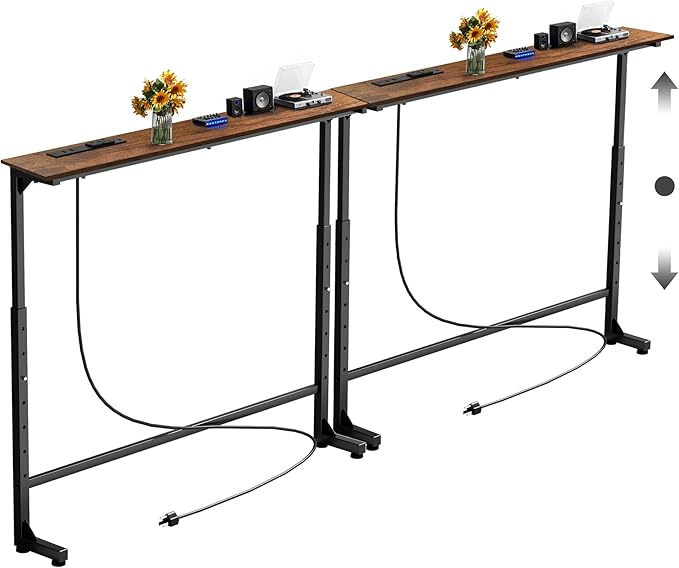 Keelian 70 inch Narrow Console Table with Outlet,Adjustable Height(25"-37") Behind Sofa Table,Couch Behind Table Skinny,Couch Shelf with Charging Station,Long Entryway Tables for Living Room,Brown