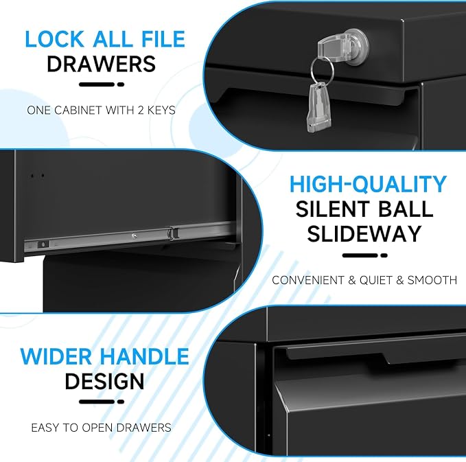 3 Drawer Mobile File Cabinet with Lock, Metal Filing Cabinet, Under Desk Rolling Small Filing Cabinet with Wheels for Home Office Storage, Fits Legal/A4/Letter/Document Size, Required Assembly, Black