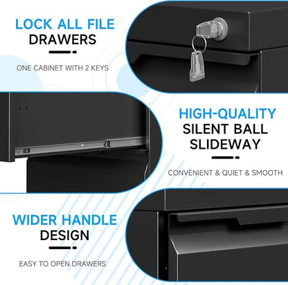 2 Drawer Mobile File Cabinet with Lock, Metal Filing Cabinet, Under Desk Rolling Small Filing Cabinet with Wheels for Home Office Storage, Fits Legal/A4/Letter/Document Size, Required Assembly, Black