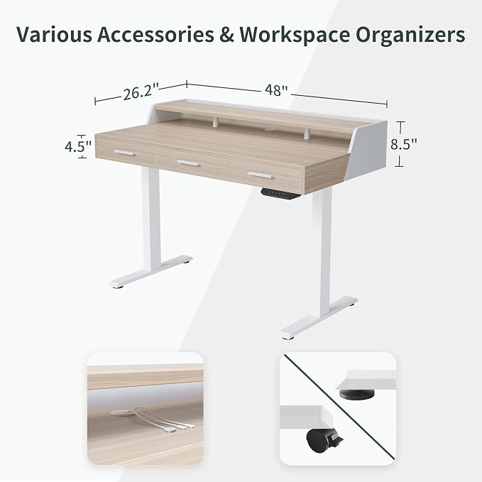 CubiCubi Standing Desk 48x26 Inches with 3 Wood Drawers and Monitor Shelf, Ergonomic Rising Home Office Desks, Height Adjustable Computer Desk, Sit Stand Up Electric Workstation Table, Pale Walnut