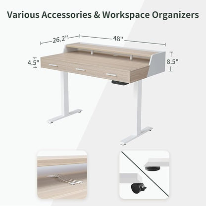 CubiCubi Standing Desk 48x26 Inches with 3 Wood Drawers and Monitor Shelf, Ergonomic Rising Home Office Desks, Height Adjustable Computer Desk, Sit Stand Up Electric Workstation Table, Pale Walnut