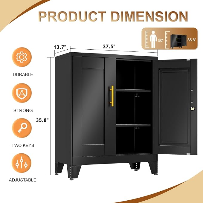 36" Metal Storage Cabinet with Lock,Steel Locker Organizer, Office File Cabinet with 2 Doors and 2 Adjustable Shelves,Outdoor Tool Garage Cabinets for Home Office,Gym,School,Warehouse(Black)