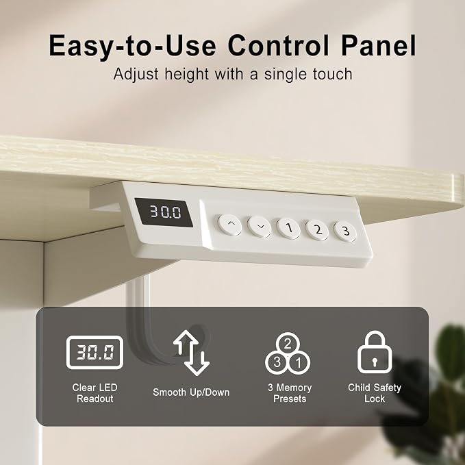 Height Adjustable Electric Desk, 48x24 Inches Stand up Desk with 3 Memory Presets & Child Lock, Quiet Motor, Industrial Steel Frame, for Computer Workstation or Design Studio, Natural