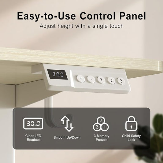 Adjustable Standing Desk, 60x28 Inch Electric Desk with 3 Memory Presets & Child Lock, Quiet Motor, Industrial Steel Frame, Dual Hooks, for Professional Workstation,Natural