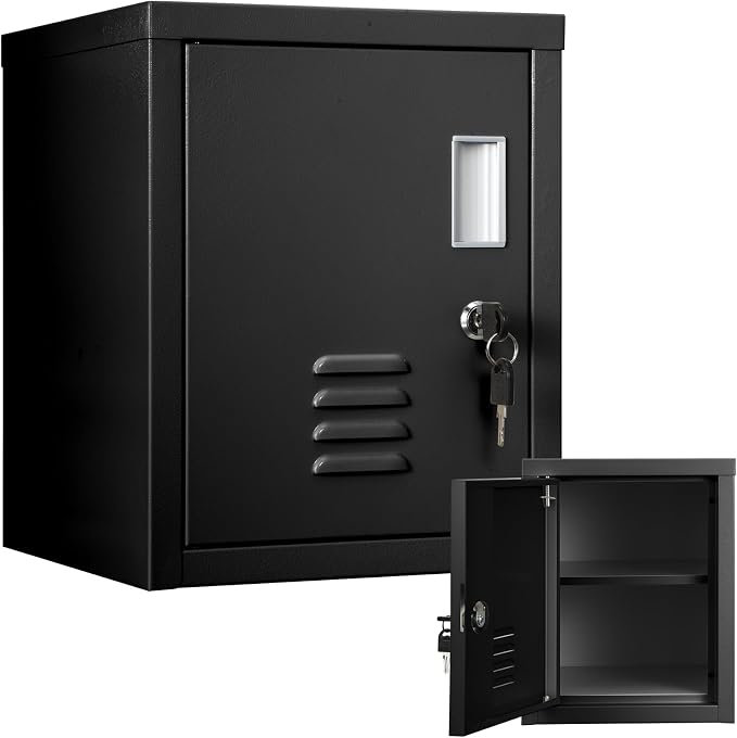 Suzile Lockable Storage Cabinet Metal Lockable Steel Storage Cabinet Organizer Lockers for Employees Vertical Metal Cabinets End Side Table Steel Bedside with Shelf(Black)