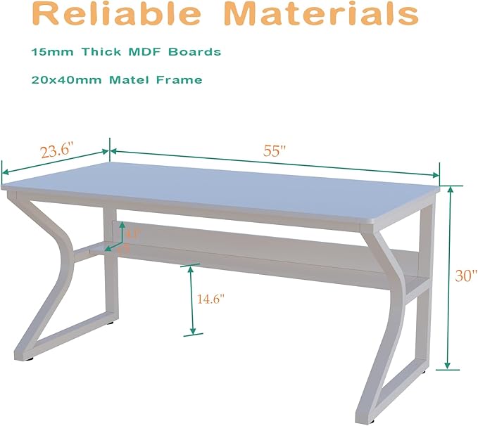 OSCHF Extra Long Desk with Bookshelf - 55" Double Long Writing Table for 2-Person Workstation, Modern Study Work Computer Desk for Home and Office, Warm White