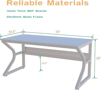 OSCHF Extra Long Desk with Bookshelf - 55" Double Long Writing Table for 2-Person Workstation, Modern Study Work Computer Desk for Home and Office, Warm White