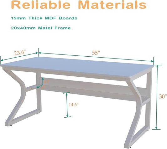 OSCHF Extra Long Desk with Bookshelf - 55" Double Long Writing Table for 2-Person Workstation, Modern Study Work Computer Desk for Home and Office, Warm White