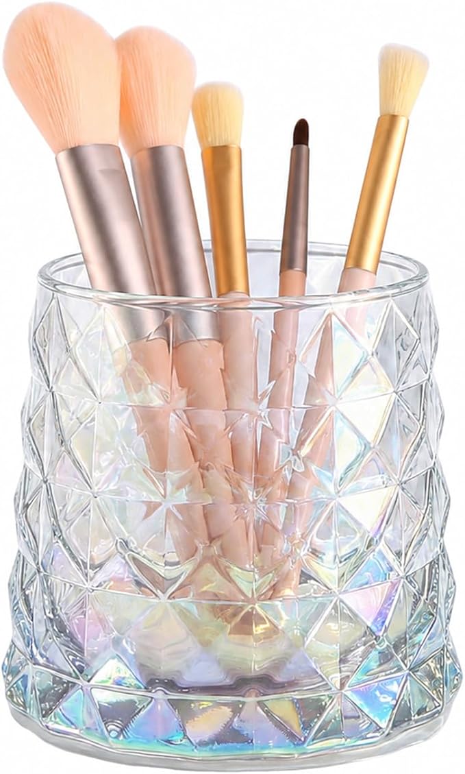 DASITON Glass Makeup Brush Holder Organizer, Diamond Pattern Cosmetic Storage Cup, Makeup Organizer for Vanity, Bathroom Countertop Toothbrush Holder, Desk Pen Pencil Holder (Iridescent)