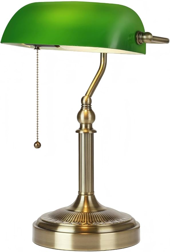 Green Glass Bankers Desk Lamp with Pull Chain Switch Plug in | Fixture for Home Office