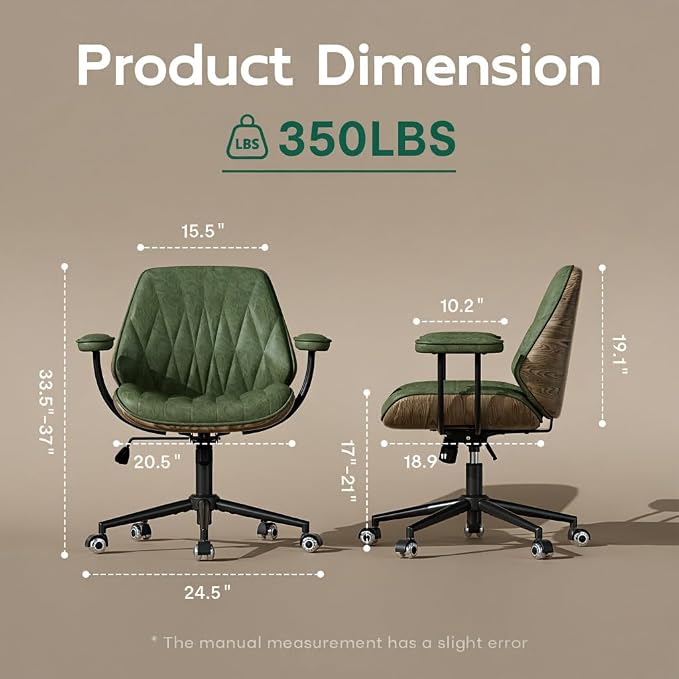Office Desk Chair with Rubber Casters and Padded Arms, Premium Olive Green Faux Leather Computer Chair, Height Adjustable Vintage Rolling Swivel Executive Task Chair for Home Office