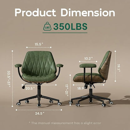 Office Desk Chair with Rubber Casters and Padded Arms, Premium Olive Green Faux Leather Computer Chair, Height Adjustable Vintage Rolling Swivel Executive Task Chair for Home Office