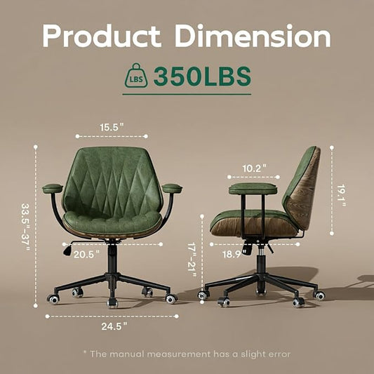 Office Desk Chair with Rubber Casters and Padded Arms, Premium Olive Green Faux Leather Computer Chair, Height Adjustable Vintage Rolling Swivel Executive Task Chair for Home Office