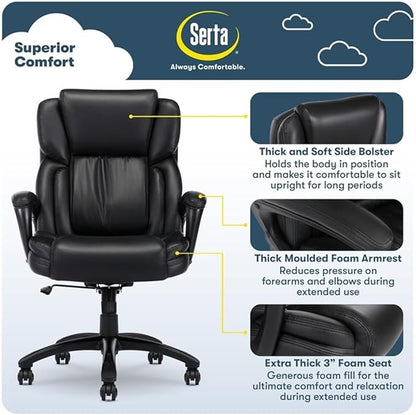 Serta Garret Executive Office Chair, Ergonomic Mid-Back with Lumbar Support, Semi-Plush Cushion and Body Pillows, Padded Armrests, Swivel Base, Bonded Leather, Space Black