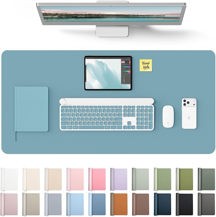 YSAGi Leather Desk Pad Protector, Office Desk Mat, Large Mouse Pad, Non-Slip PU Leather Desk Blotter, Laptop Desk Pad, Waterproof Desk Writing Pad for Office and Home (Aquamarine, 35.4" x 17")