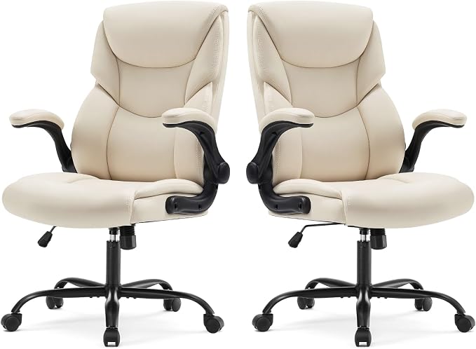 Sweetcrispy Ergonomic Computer Gaming Office Chair Set of 2, Heavy Duty Task Desk Swivel Rolling Chairs with Wheels, Flip-up Arms, Adjustable Height, PU Leather,Cream White