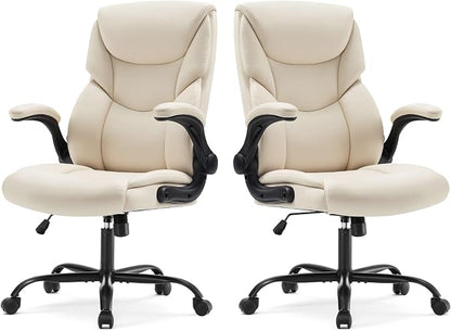 Sweetcrispy Ergonomic Computer Gaming Office Chair Set of 2, Heavy Duty Task Desk Swivel Rolling Chairs with Wheels, Flip-up Arms, Adjustable Height, PU Leather,Cream White