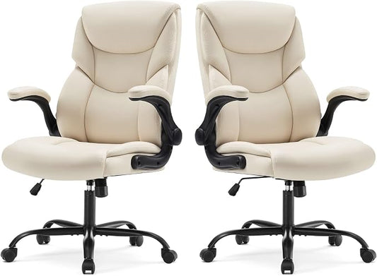 Sweetcrispy Ergonomic Computer Gaming Office Chair Set of 2, Heavy Duty Task Desk Swivel Rolling Chairs with Wheels, Flip-up Arms, Adjustable Height, PU Leather,Cream White