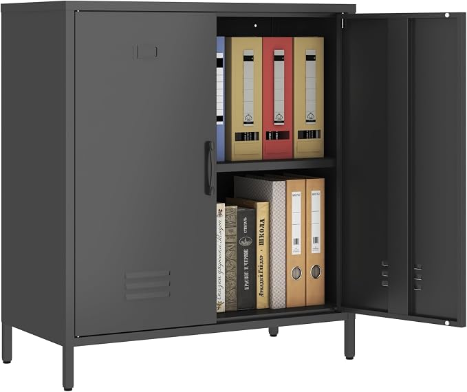 Steehoom Metal Cabinet with 2 Door, All Steel Small Locker Sideboard Buffet Storage Cabinet Console Table for Garage, Office (Black, H35.43'')