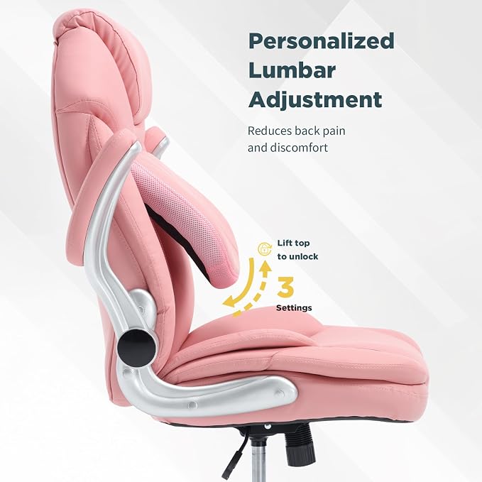 Ergonomic Executive Office Chairs with Adjustable Lumbar Support, 90-120° Rocking Managerial Chair Swivel Desk Chairs with Padded Flip-up Armrests (Pink), Medium(300lbs)