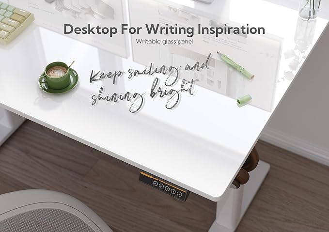 Claiks White Glass Standing Desk, 55x24 Inch Adjustable Height Electric Stand Up Desk, Quick Install Home Office Computer Desk, Super White