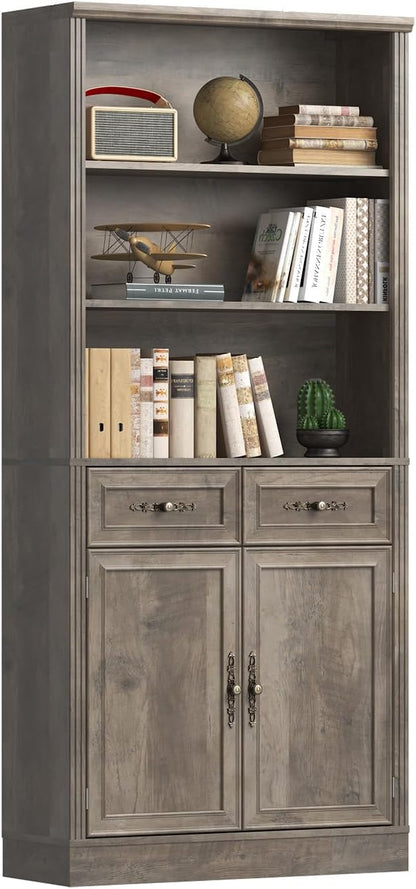 Thacuok 72'' Tall Bookcase with Doors and Drawers, Adjustable Shelves, P2 MDF Construction, 32'' Wide Freestanding Cabinet with Metal Handles, Hidden Storage for Living Room, Bedroom