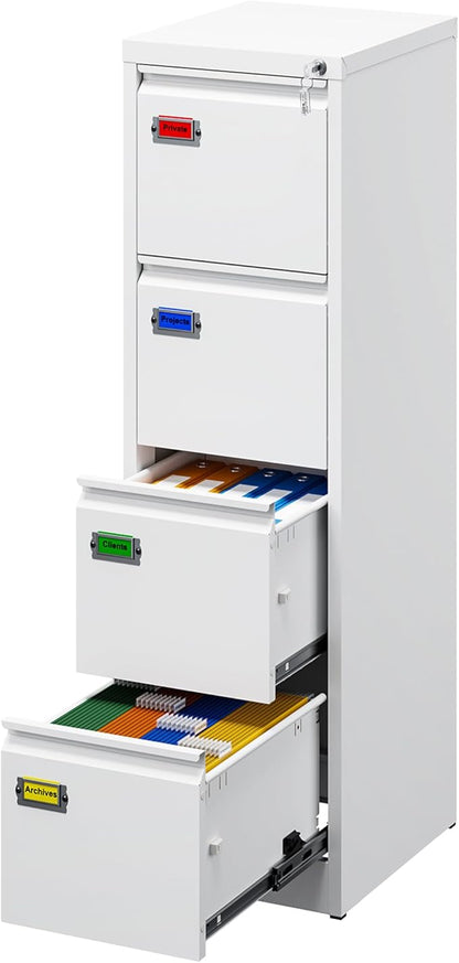 PEUKC 4-Drawer File Cabinet, 16.3" Deep Vertical Filing Cabinet with Lock, Metal File Cabinet for Home Office, Anti-Tip 4 Storage Drawers for Letter/Legal/A4/F4 Size (Assemble Required, White)